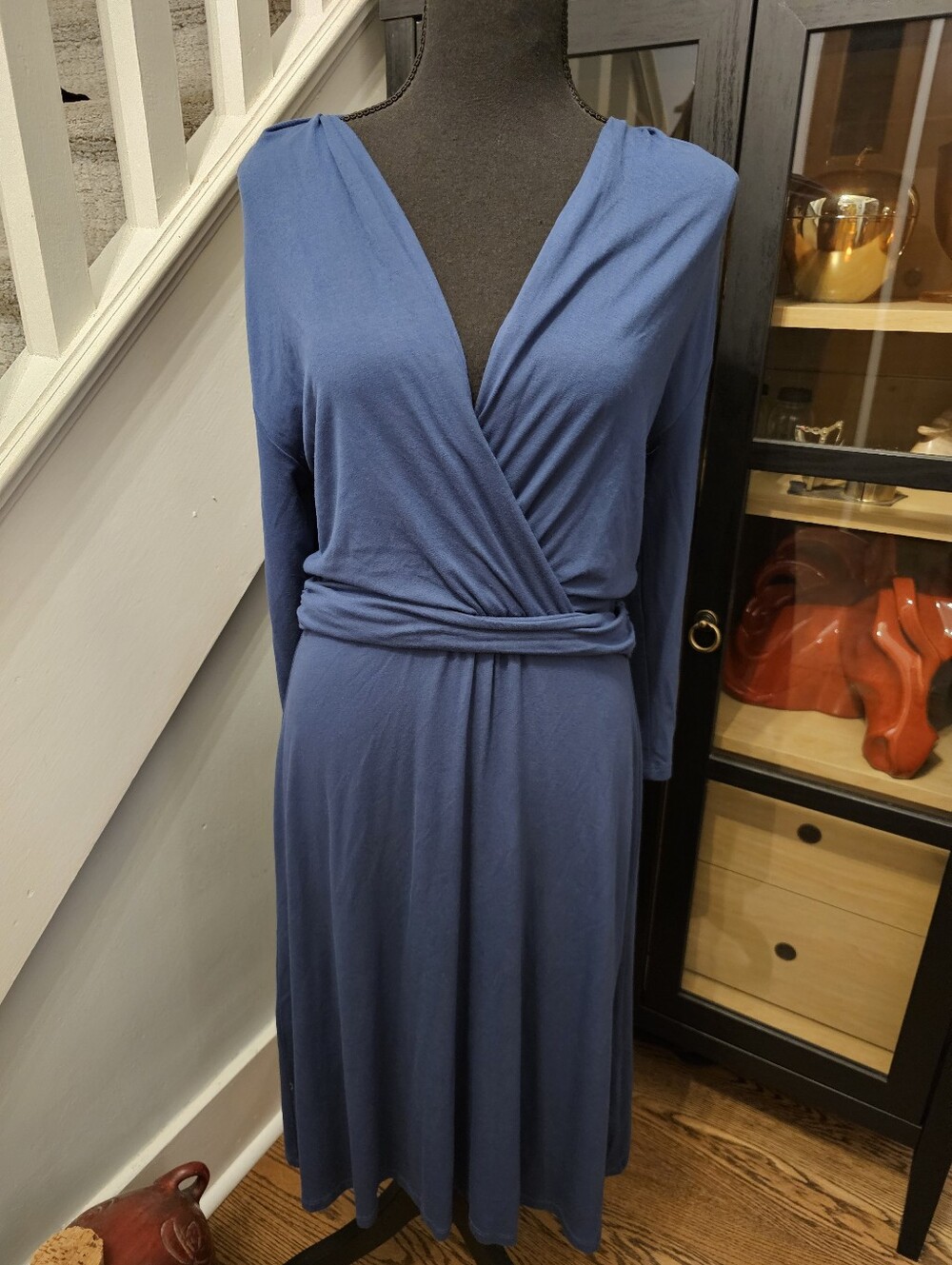 Pure Collection Slate Blue Wrap Dress with Long Sleeves